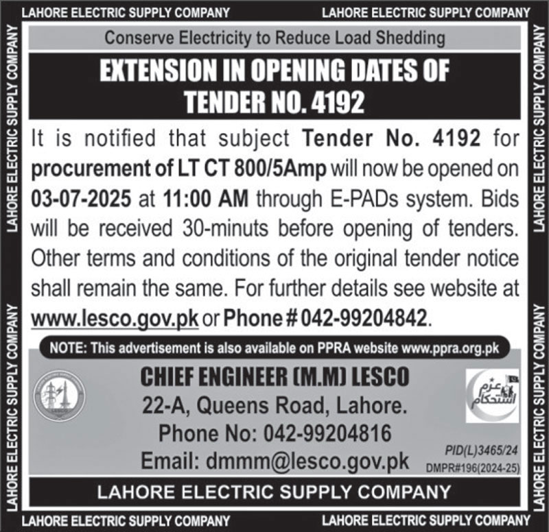 Lahore Electric Supply Company Lahore Tender Notice